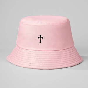 Pink cotton bucket hat with black cross embroidery for outdoor sun protection