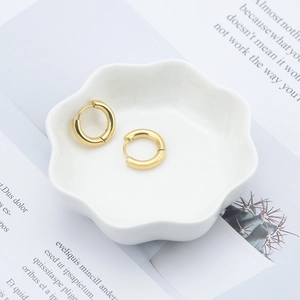 Polished gold round hoop earrings with micro-inlaid zircon on white ceramic plate