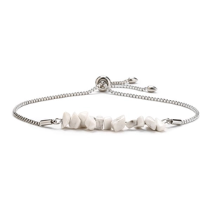 Detail of adjustable stainless steel box chain bracelet with natural white crystal stone