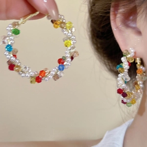 Colorful handmade hoop earrings with multicolored crystal beads and white pearls for women