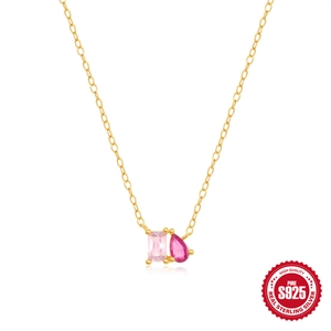 S925 Sterling Silver necklace with rectangular and teardrop pink cubic zirconia stones