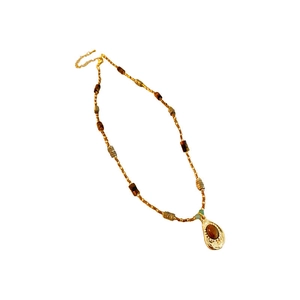 Retro tiger eye stone beaded necklace with golden teardrop pendant for women