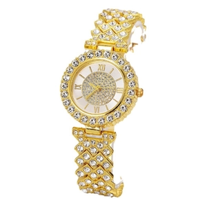 Elegant gold rhinestone watch for women with Roman numerals and a luxury alloy strap