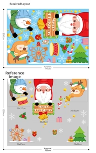 Detailed Christmas window sticker layout with Santa, reindeer, and snowman designs