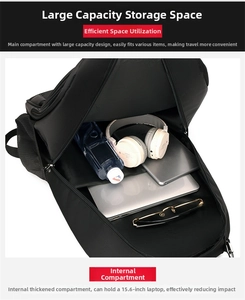 Detail view of large capacity backpack interior with 15.6 inch laptop compartment