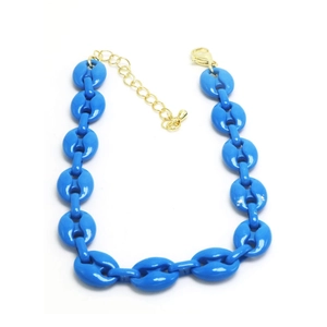 Detail of bright blue coffee bean link bracelet with gold-tone adjustable chain and clasp