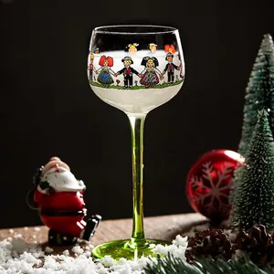 Nordic Alsace style wine glass with festive folk illustration and green stem