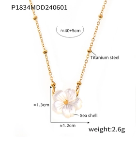 Detail view of the shell flower pendant with dimensions and titanium steel chain