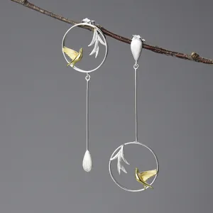 Handmade 925 Sterling Silver Asymmetrical Bird Bamboo Willow Leaf Drop Earrings Bicolor Chinese Style Women Jewelry