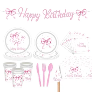 Pink bow-knot birthday party set including plates cups napkins and table cover