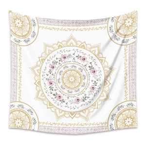 Detail of bohemian mandala tapestry featuring pink roses and grey leaf floral borders