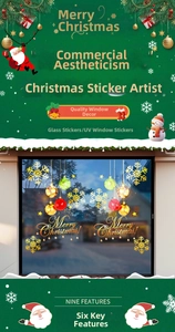 UV printed golden snowflake and colorful Christmas ball stickers on a glass storefront