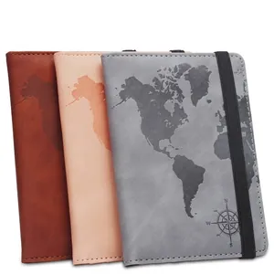 World Map RFID Blocking Passport Holder Cover Vintage PU Leather Travel Wallet Organizer With Elastic Strap For Men Women