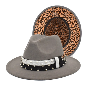 Gray felt fedora hat with leopard print underbrim, pearl and rhinestone band details
