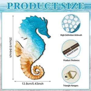 Wooden seahorse wall art decor featuring blue ocean wave print for coastal nursery style
