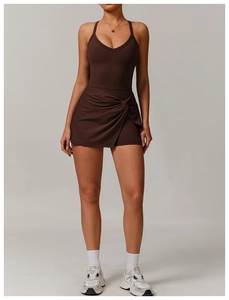 Detail view of coffee brown sports set with V-neck camisole and knotted tennis skirt