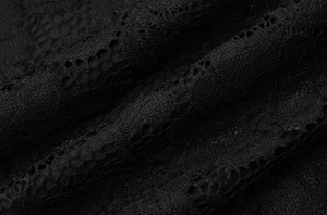 Close-up of black lace fabric showing intricate floral hollow patterns and texture