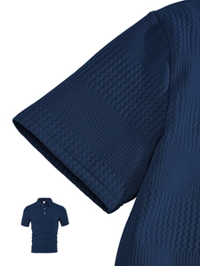 Close-up of navy waffle knit fabric and cuff detail on a men's short sleeve Polo shirt