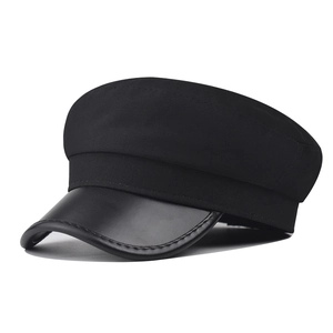 Women Newsboy Cap Cotton PU Leather Brim Vintage Fiddler Captain Hat Flat Top Beret Breathable Casual Retro Style Lady
