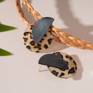 Retro leopard print acrylic round earrings with gold pins and nature decor