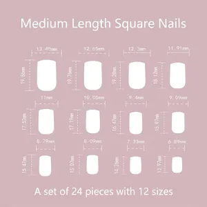 Size chart for Medium Square Press-on Nails showing 12 sizes and 24 pieces of fake nails