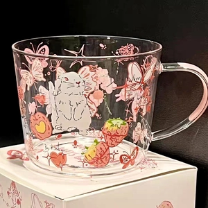 Heat Resistant Borosilicate Glass Mug With Handle And Scale Measurement Cartoon Rabbit Floral Print Microwave Safe