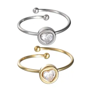 Simple Heart Zircon Open Ring 304 Stainless Steel Adjustable Minimalist Fashion Jewelry Accessory For Women And Girls