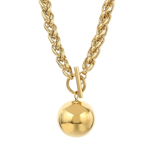 Golden hollow sphere pendant necklace with OT toggle clasp and woven titanium steel chain