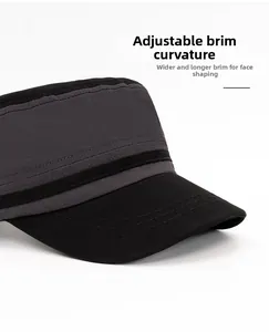 Detail of army style flat top hat featuring reinforced stitching and a foldable wide brim