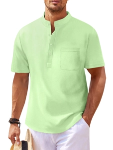 Men's Casual Short Sleeve Shirt Waffle Knit Pineapple Grid Texture Henley Top Stand Collar Loose Fit Breathable Polyester Shirt