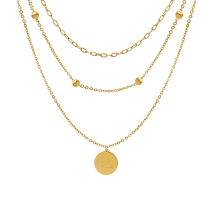 Layered Necklace Stainless Steel 18K Gold Plated Multilayer Coin Pendant Good Luck Inscribed Fashion Jewelry Women