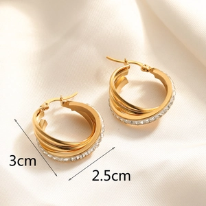 Detail showing dimensions of triple hoop gold-plated earrings with white zircons