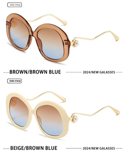 Detail of wavy metal temples with pearl accents on brown and beige round sunglasses