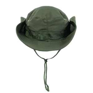Detail of army green ripstop bucket hat with tactical strap and adjustable chin cord