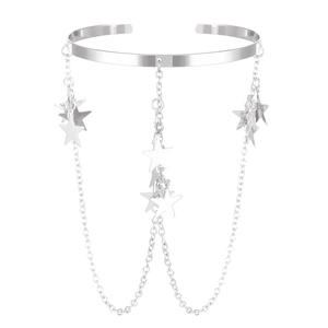 Detailed view of silver arm cuff featuring star charms and long dangling metal chains