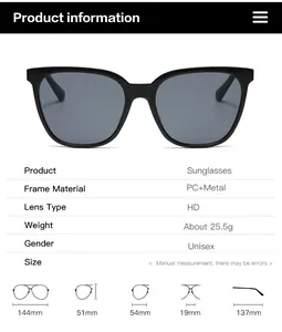 Detailed size chart for square frame sunglasses with PC metal material and HD lenses