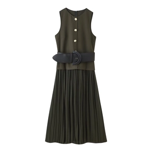 Sleeveless Pleated Midi Dress With Belt Army Green Round Neck Lion Head Buttons Polyester Elegant Fashion For Women