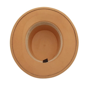Internal view of camel wide-brim felt hat with inner sweatband and brand label