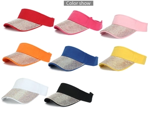 Detailed view of eight color options for sun visor hats with sparkling rhinestone brims
