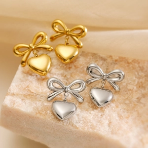 Bowknot Heart Drop Earrings Stainless Steel Sweet Trendy Style Polished Metal Jewelry For Women Elegant Versatile Accessories