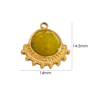 Detail of 14.5mm gold stainless steel charm featuring round lime green natural stone inlay