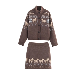 Brown knit cardigan and skirt set with jacquard pony and snowflake patterns on white background