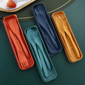 Portable wheat straw cutlery set with fork, spoon, and knife in four vibrant colors
