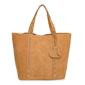 Brown suede tote bag with silver studs and a heart-shaped charm on a white background