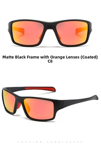 Detail view of matte black sports sunglasses with orange coated lenses and non-slip red pads