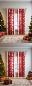 Detailed view of Christmas curtains featuring snowman patterns and Merry Christmas text