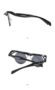 Detail view of round sunglasses showing side and back profiles with sleek black frames