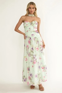 Detail of floral maxi dress with square neckline, ruffle trim and matching choker accessory