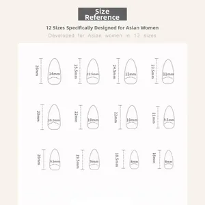 Size chart showing 12 precise dimensions for almond-shaped press-on nail tips