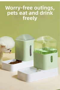 Automatic pet food and water dispenser set in mint green with a Bichon dog feeding
